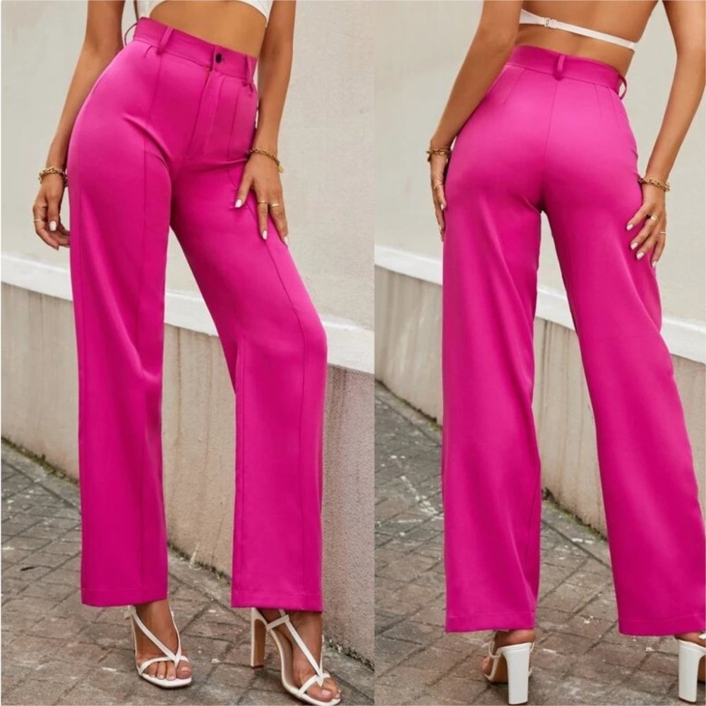 Classic Colorpop High Waist Seam Detailed Pink Straight legged Pants - Picture 2 of 8